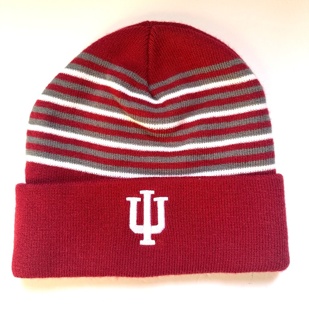 Indiana Hoosier Knit Striped‎ Cuffed  Beanie Hat Red Gray one Size Unisex Adult